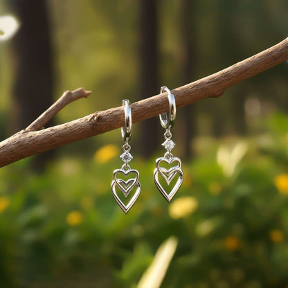 Silver CZ Double Heart Drop Earrings