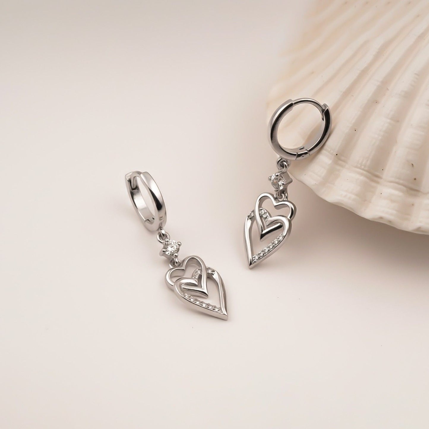Silver CZ Double Heart Drop Earrings