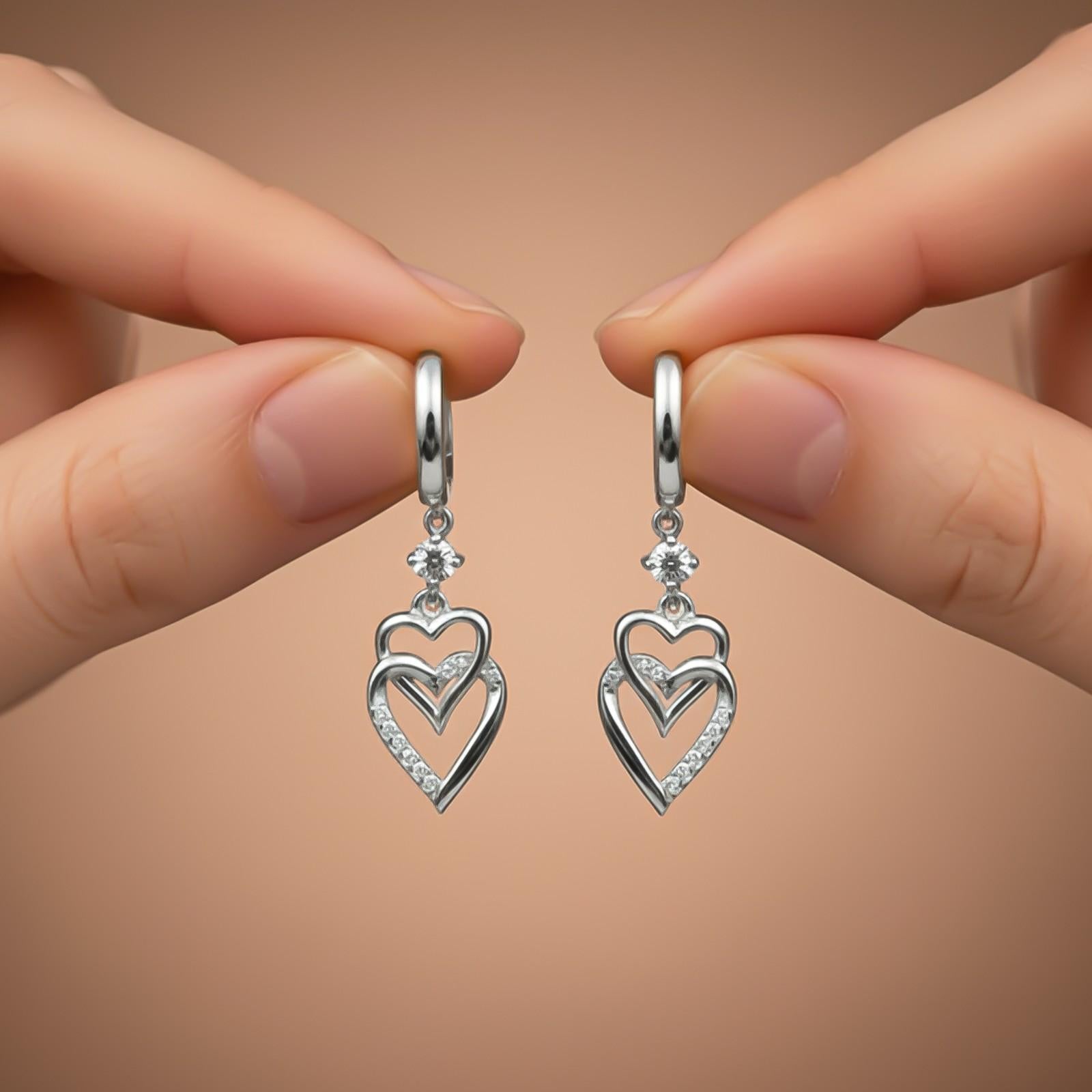 Silver CZ Double Heart Drop Earrings