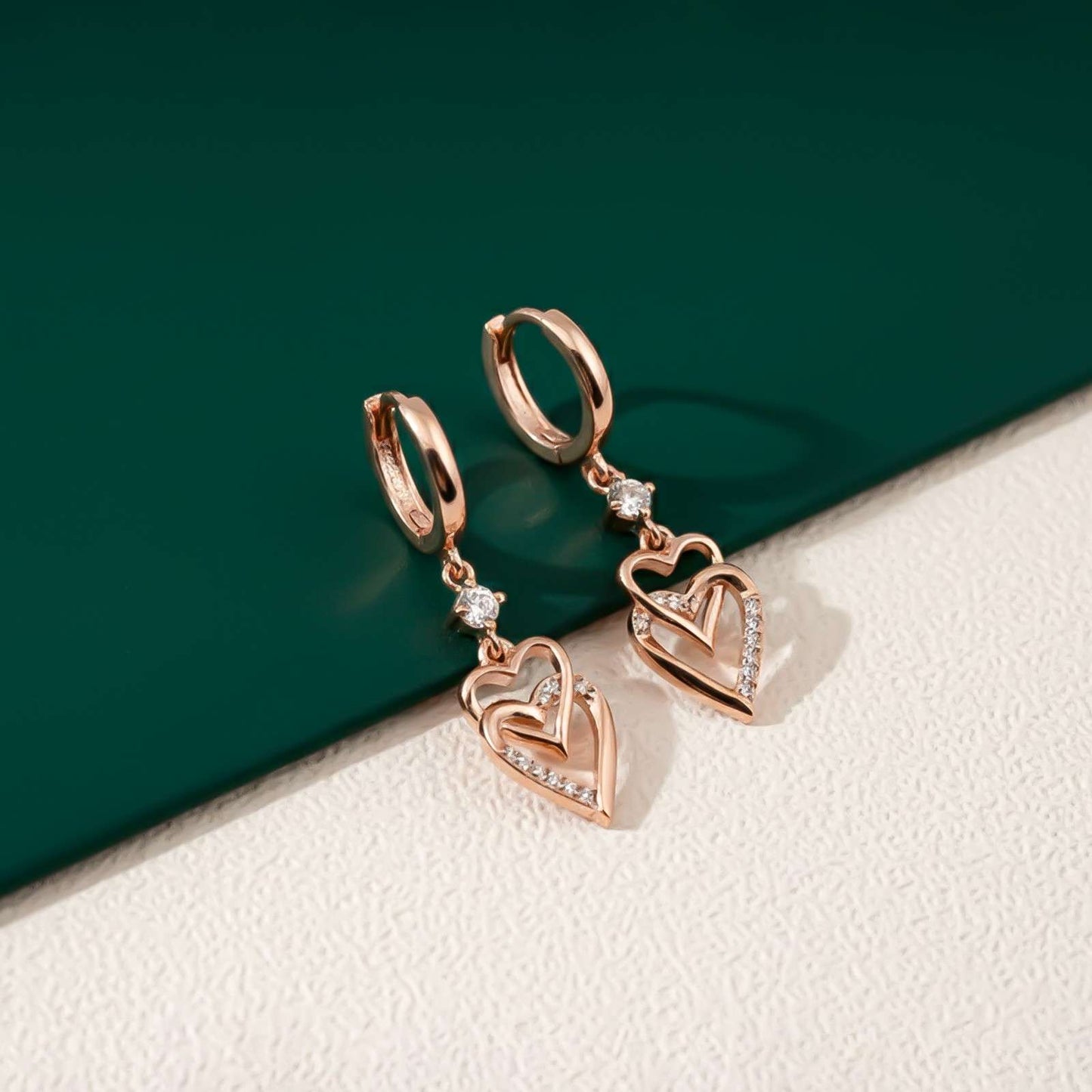 Silver CZ Double Heart Drop Earrings