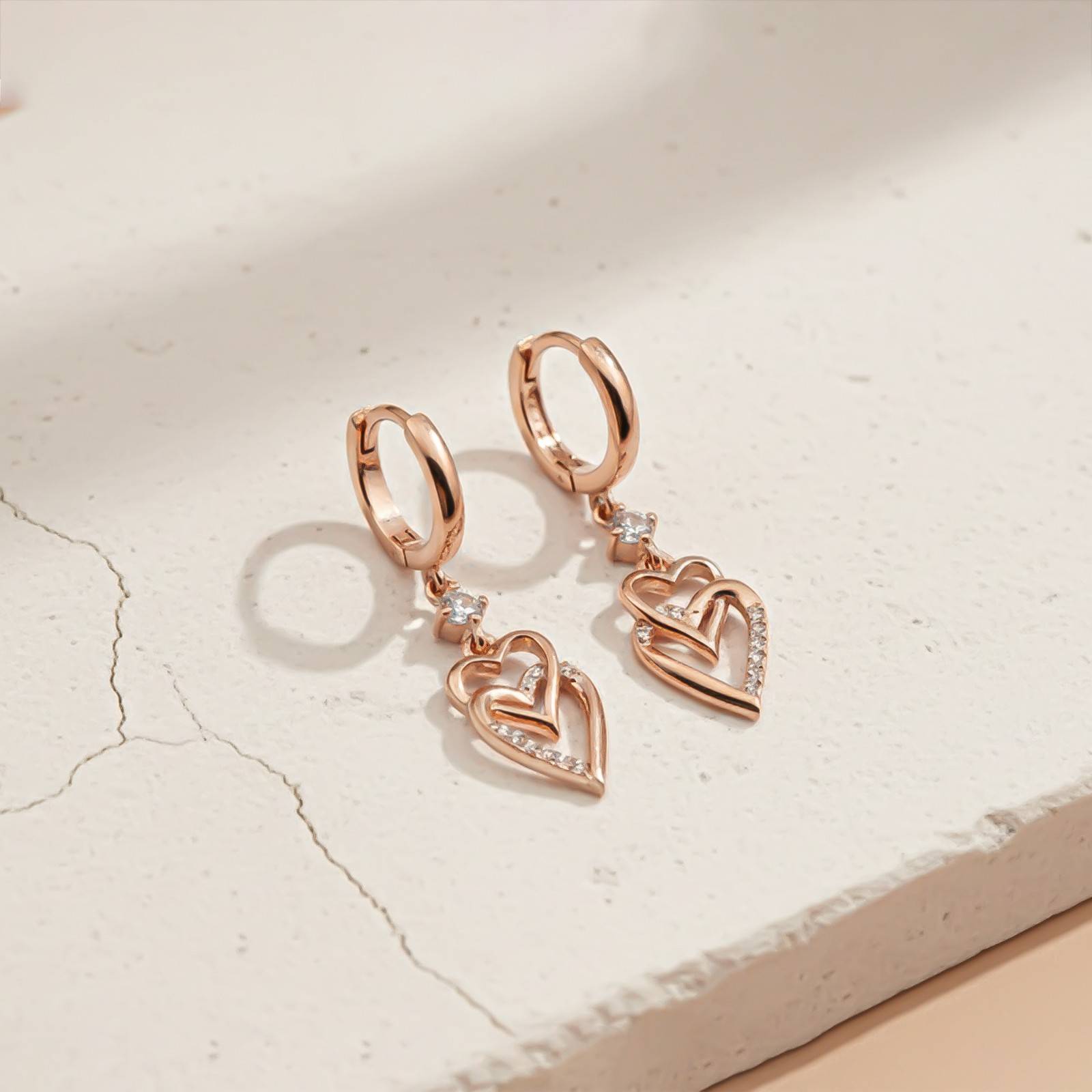 Silver CZ Double Heart Drop Earrings