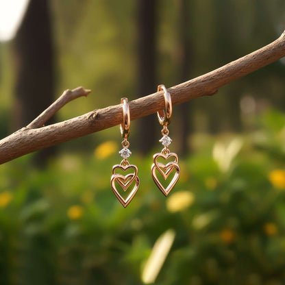Silver CZ Double Heart Drop Earrings