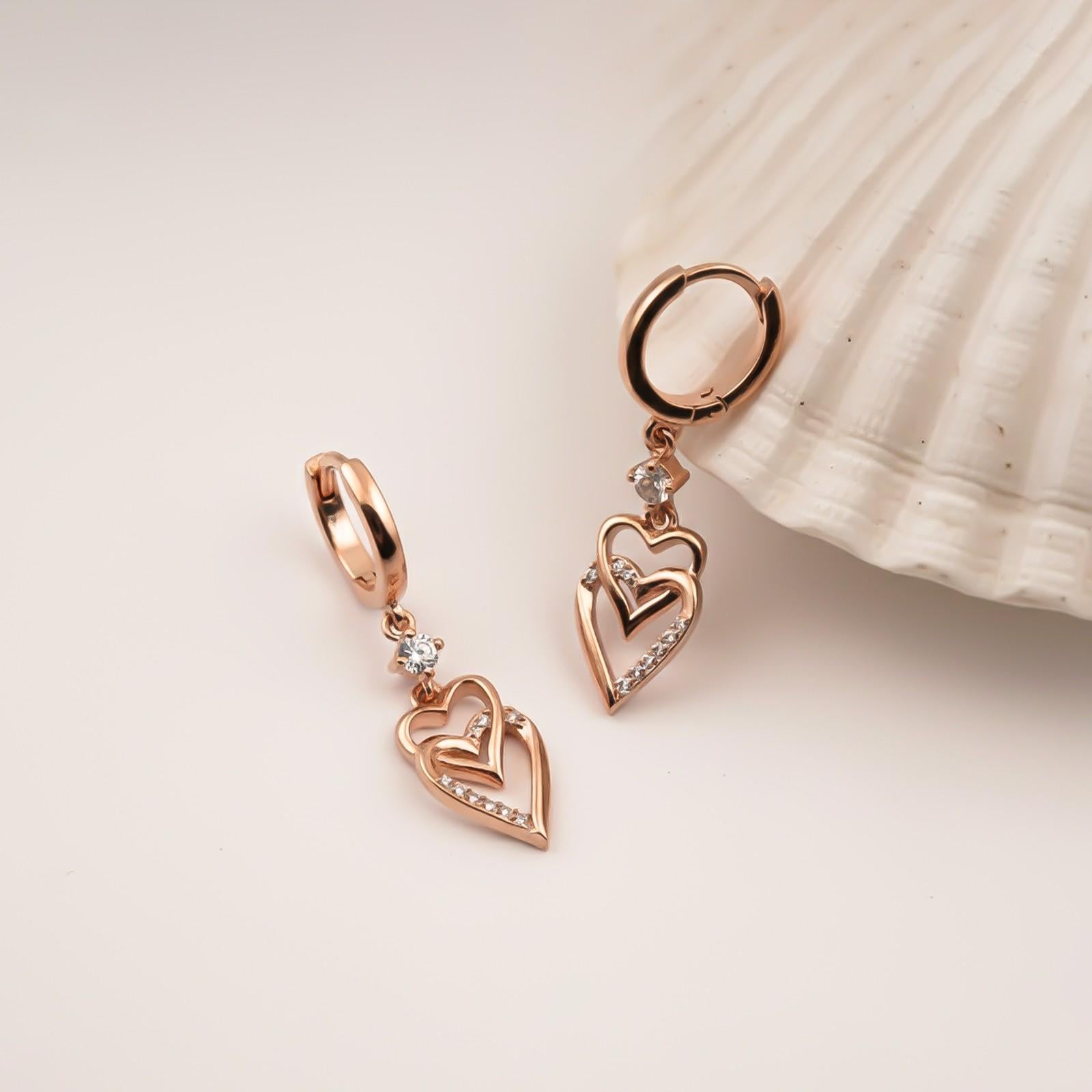 Silver CZ Double Heart Drop Earrings