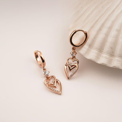 Silver CZ Double Heart Drop Earrings