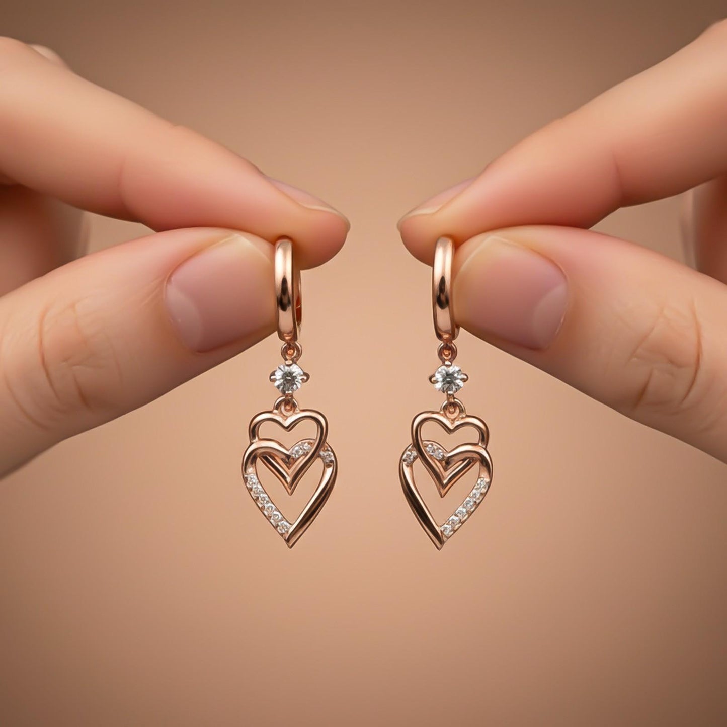 Silver CZ Double Heart Drop Earrings