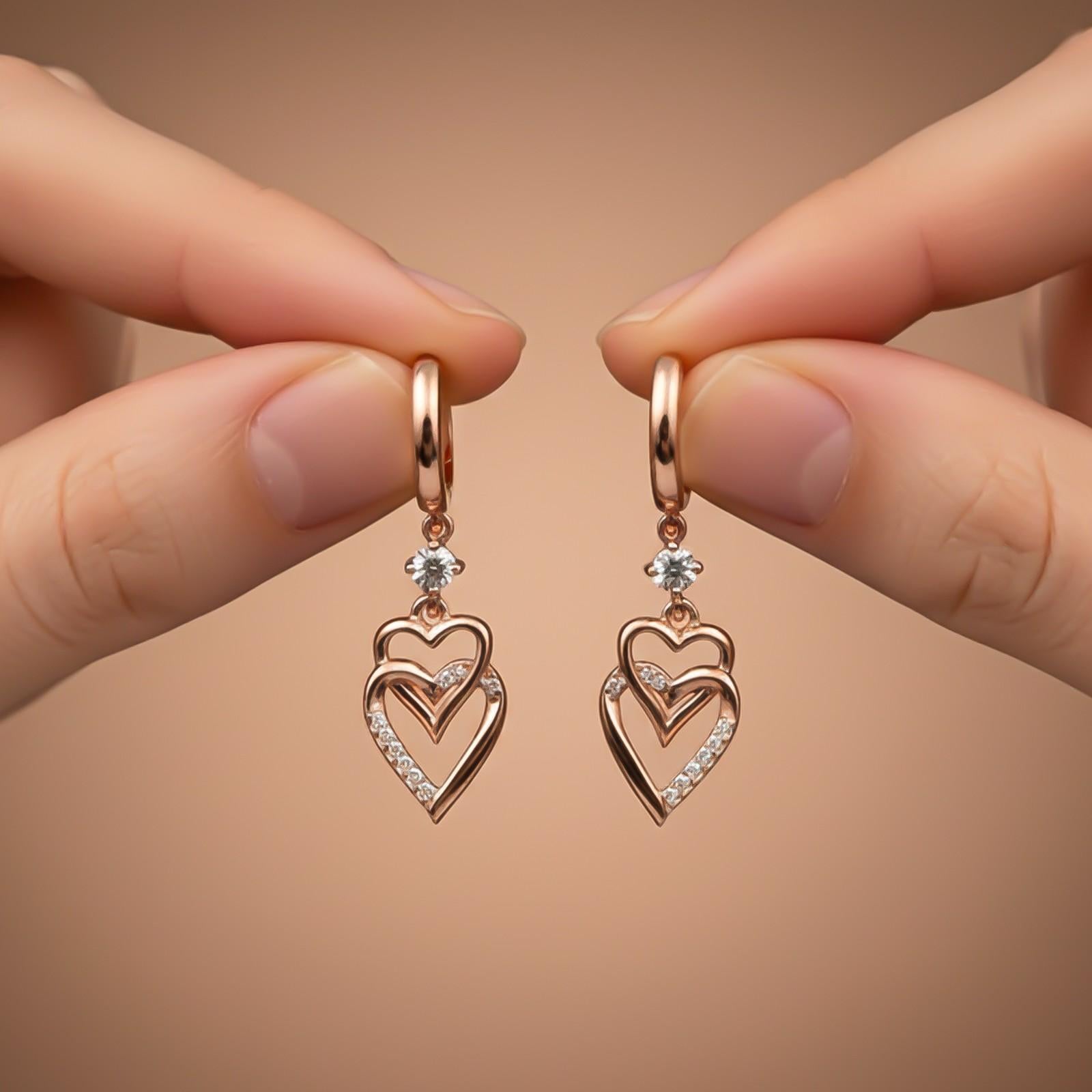 Silver CZ Double Heart Drop Earrings