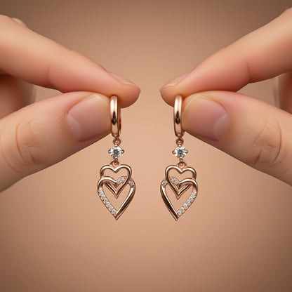 Silver CZ Double Heart Drop Earrings