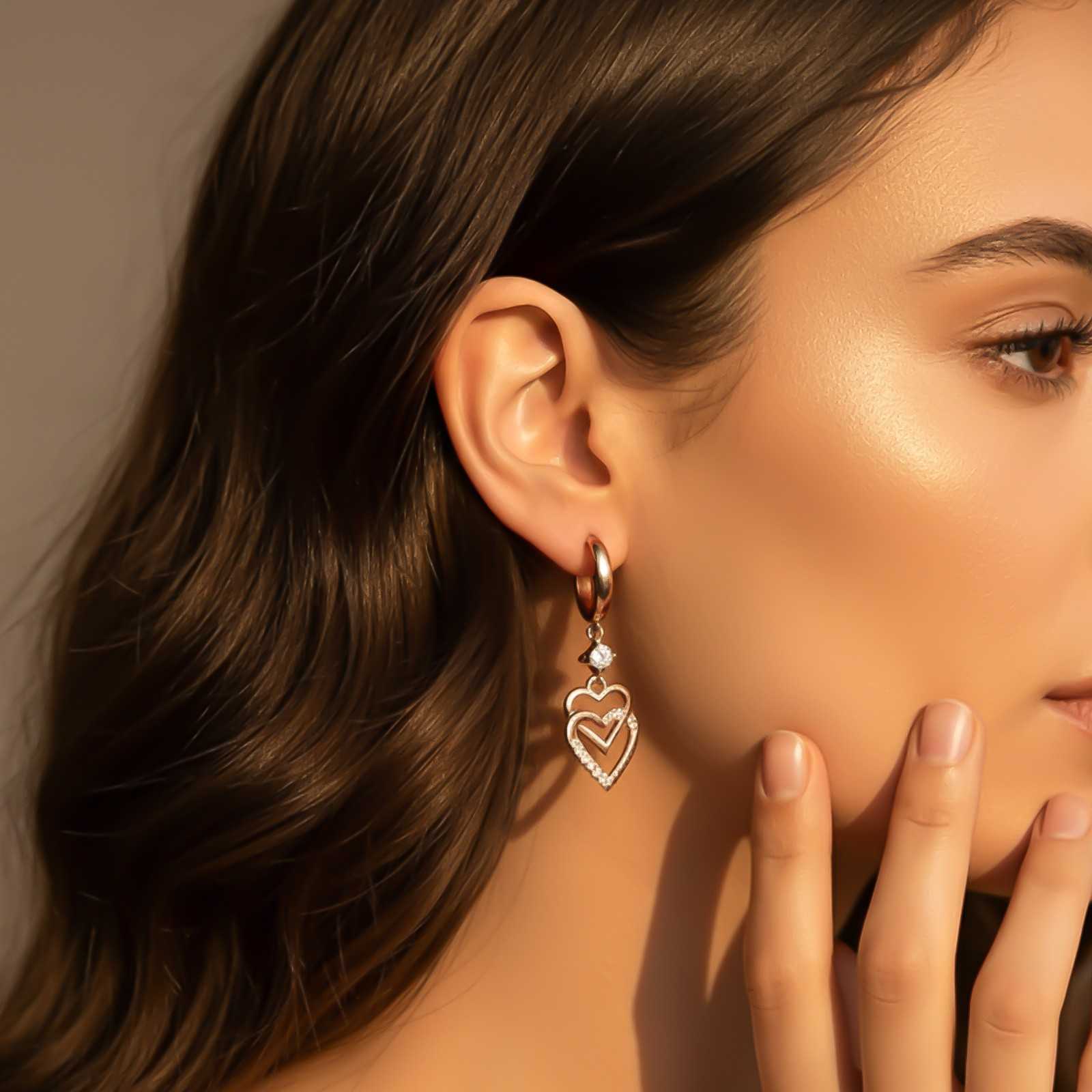 Silver CZ Double Heart Drop Earrings