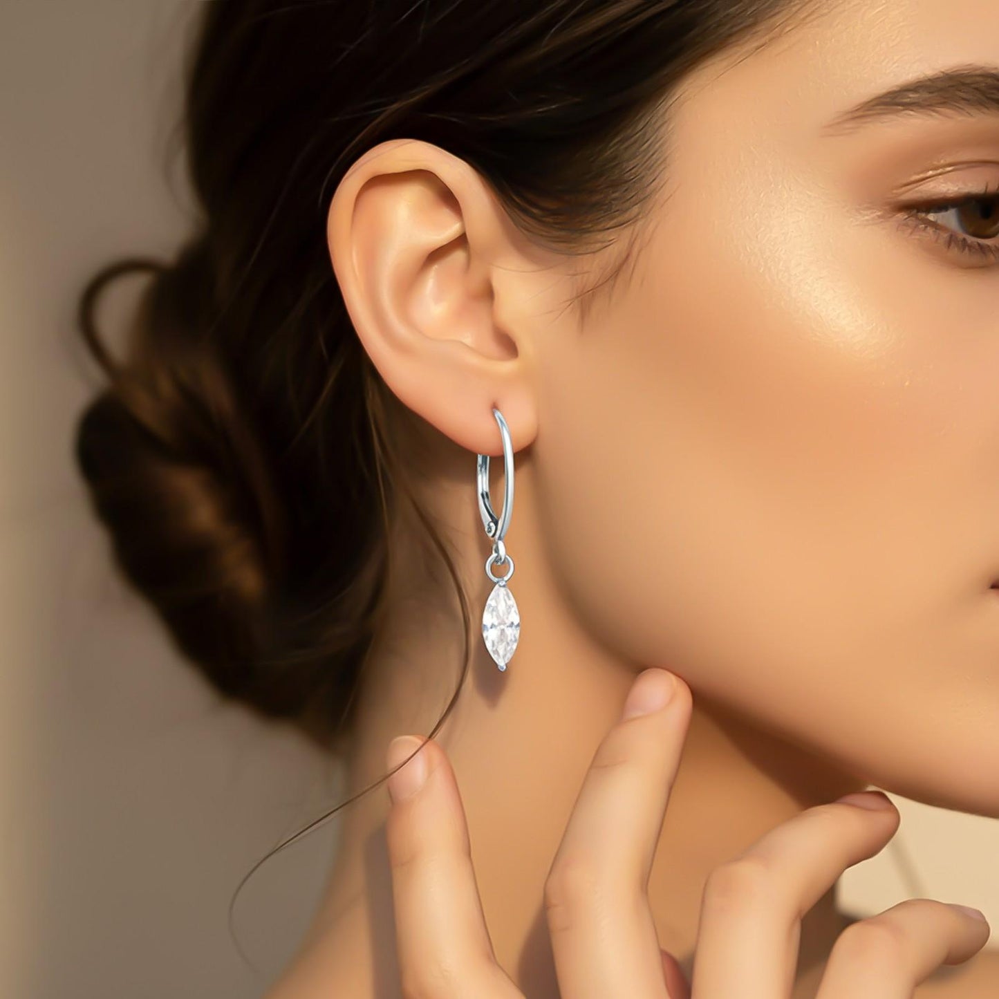 Silver Marquise Drop Hoop Earrings