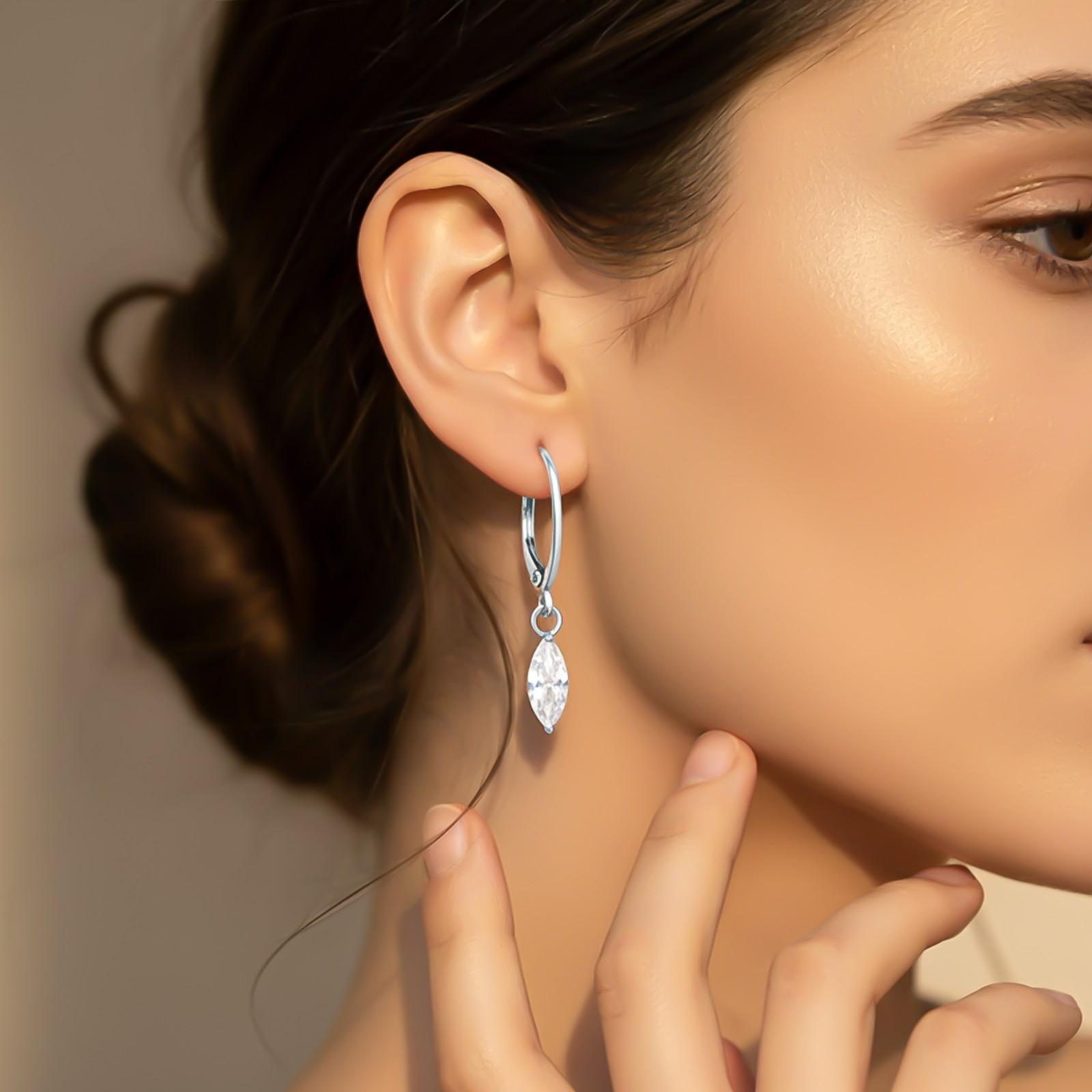 Silver Marquise Drop Hoop Earrings
