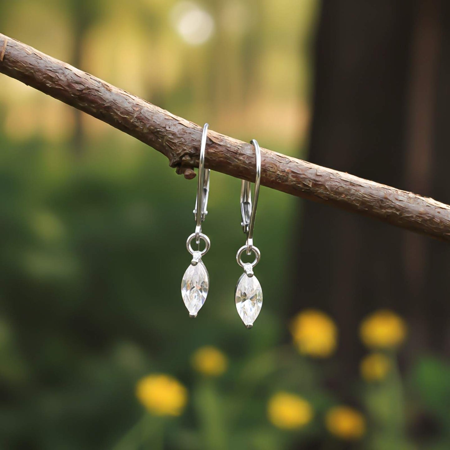 Silver Marquise Drop Hoop Earrings