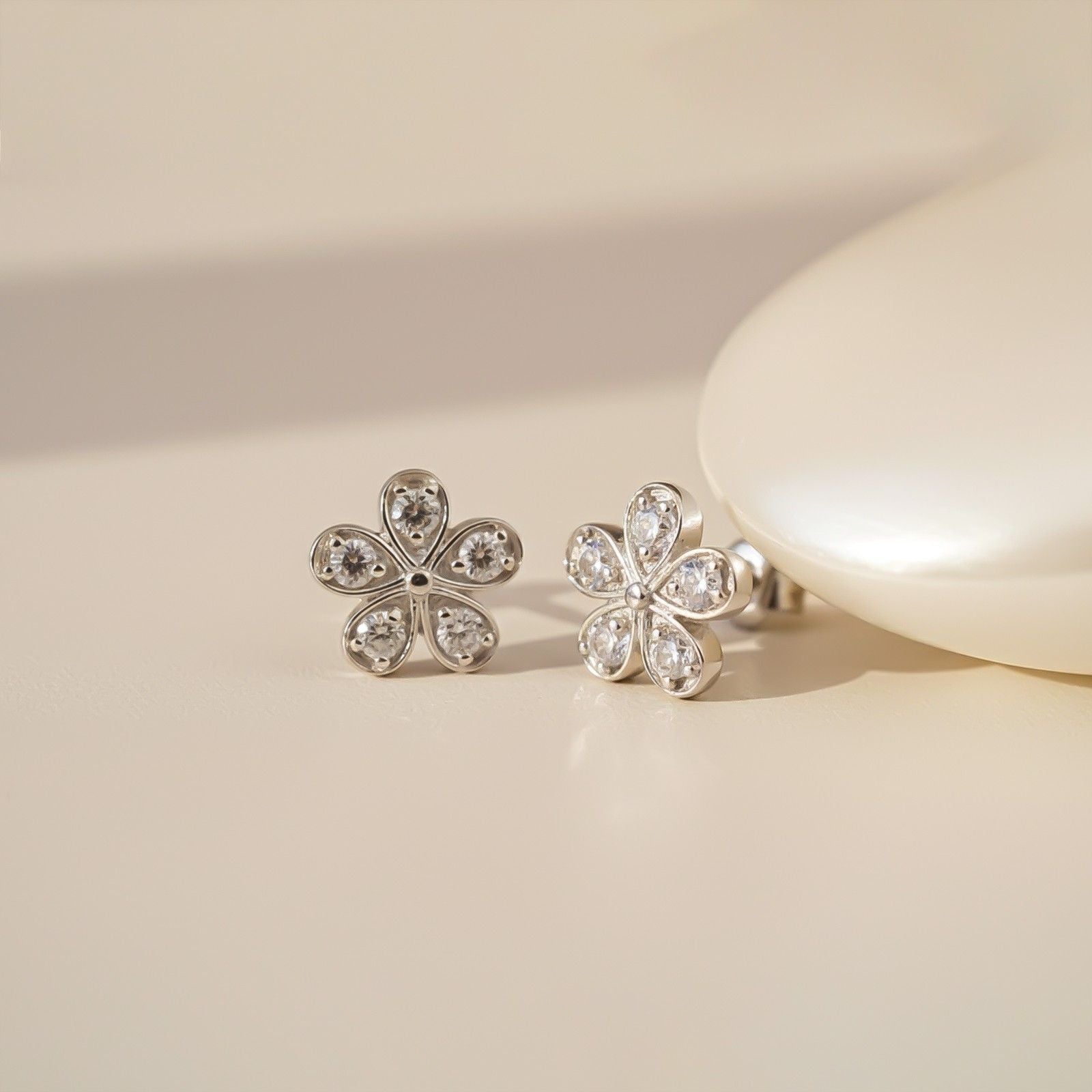 Silver Blossom Sparkle Stud Earrings