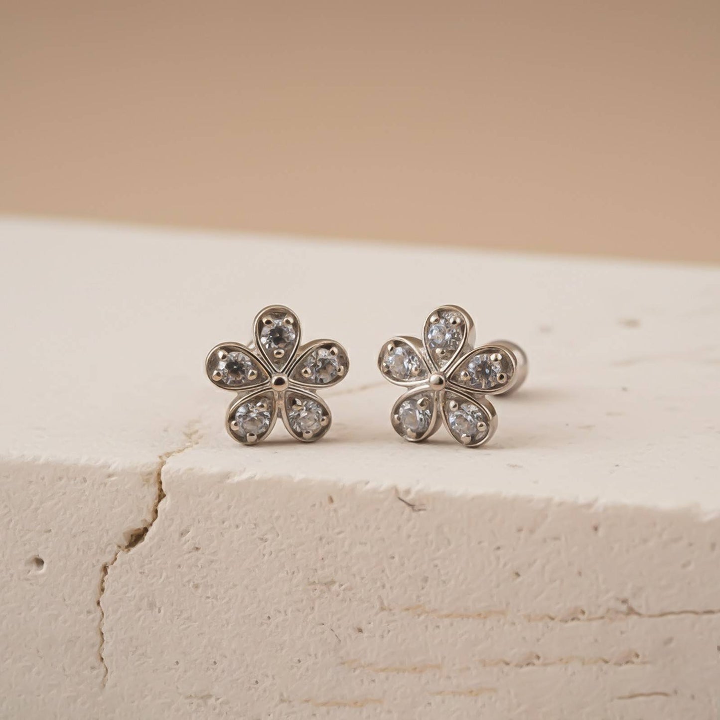 Silver Blossom Sparkle Stud Earrings