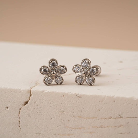 Silver Blossom Sparkle Stud Earrings