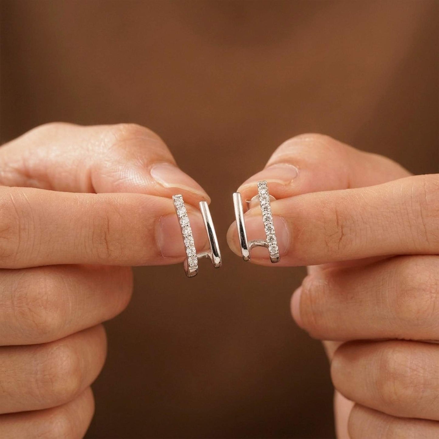 Silver Dual Bar CZ Stud Earrings