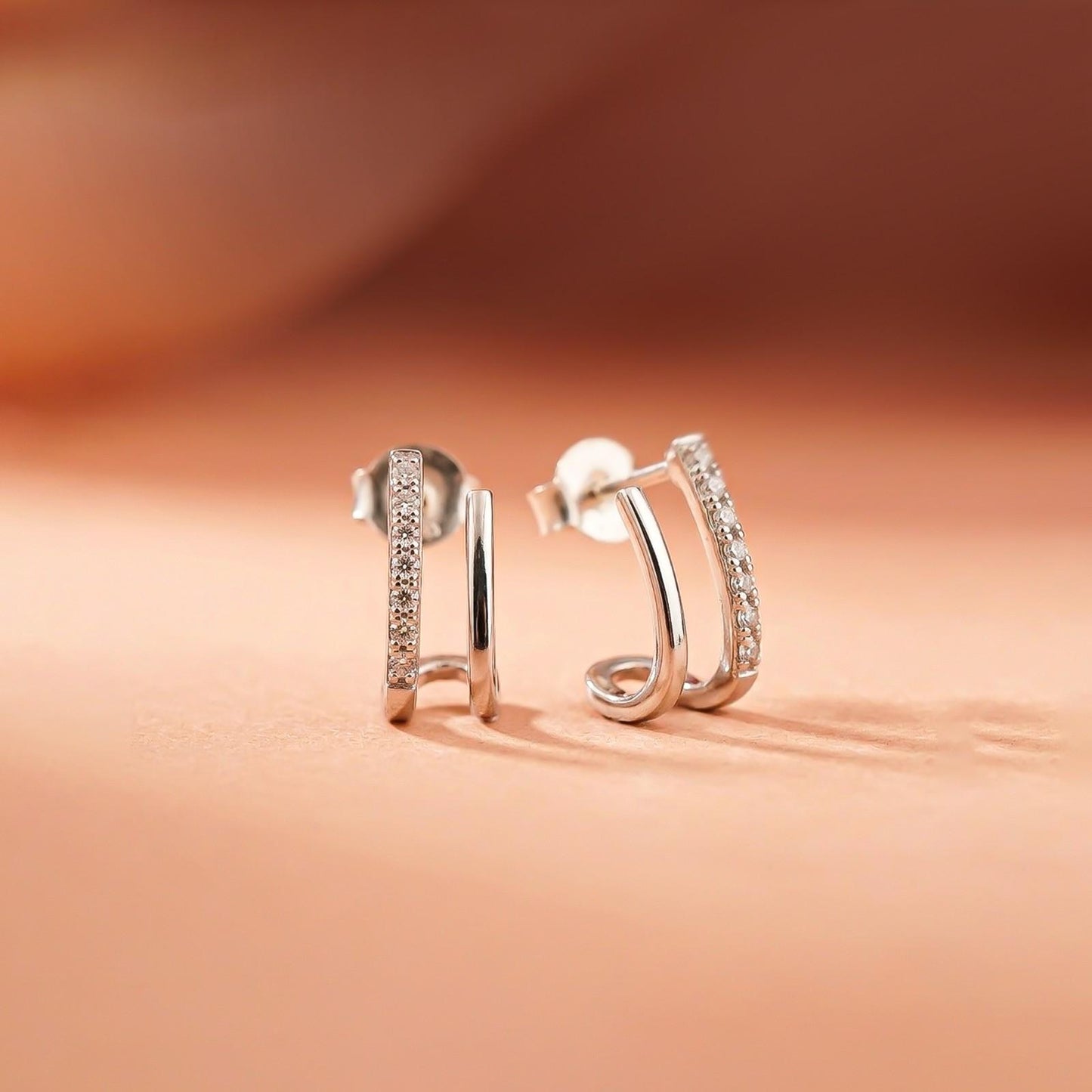 Silver Dual Bar CZ Stud Earrings