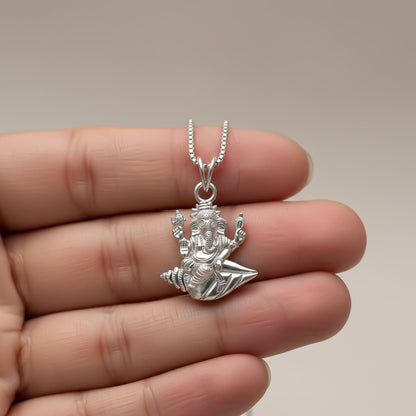 Silver Deva Shree Ganesha Sitting On Shankh Pendant