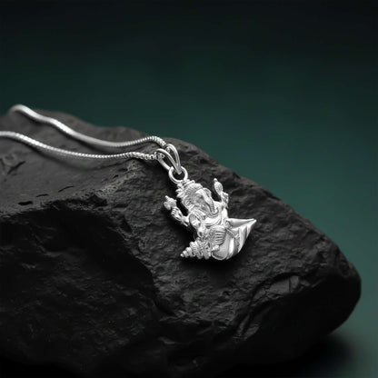 Silver Deva Shree Ganesha Sitting On Shankh Pendant