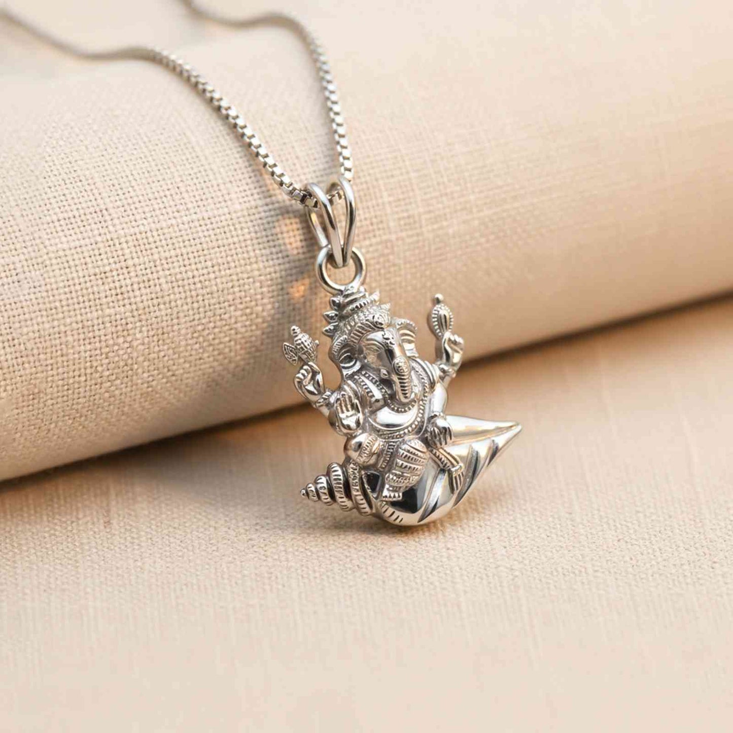 Silver Deva Shree Ganesha Sitting On Shankh Pendant