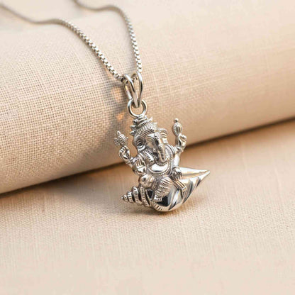 Silver Deva Shree Ganesha Sitting On Shankh Pendant
