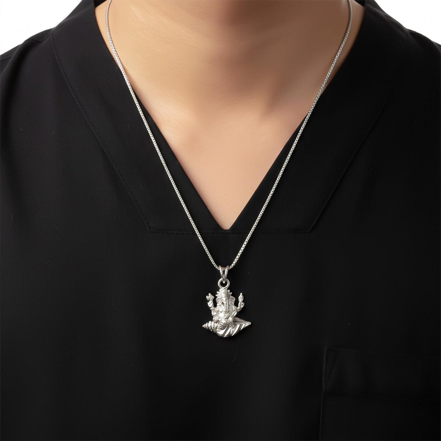 Silver Deva Shree Ganesha Sitting On Shankh Pendant