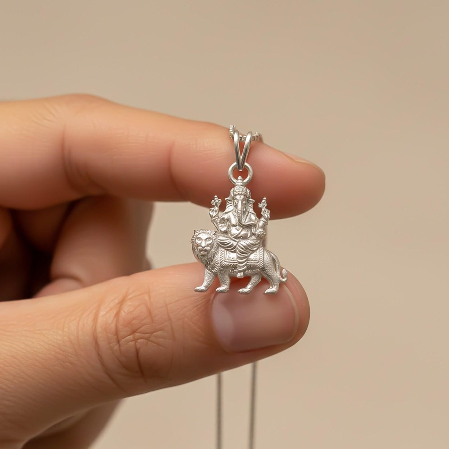 Silver Deva Ganesha Sitting On Lion Siver Pendant