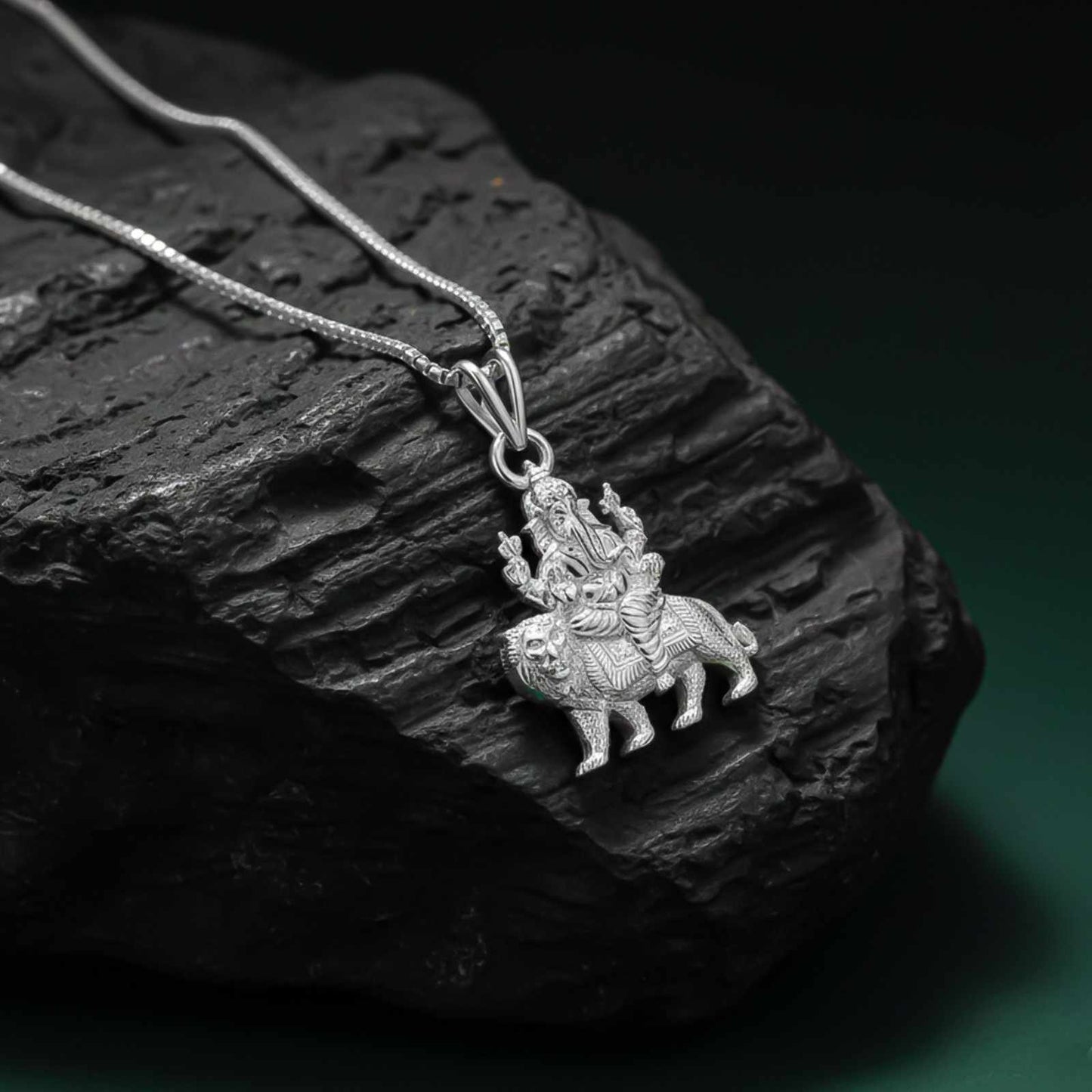 Silver Deva Ganesha Sitting On Lion Siver Pendant