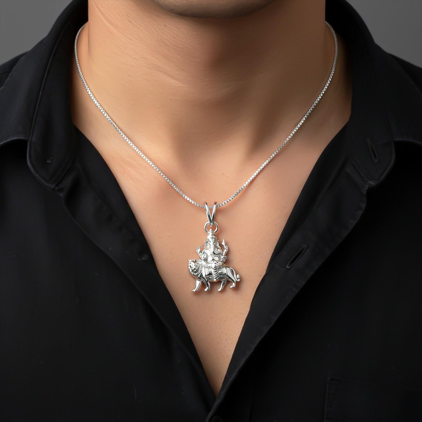 Silver Deva Ganesha Sitting On Lion Siver Pendant