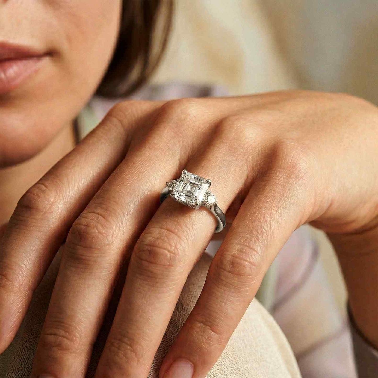 2.58Ct Moissanite Asscher Cut Three Stone Ring