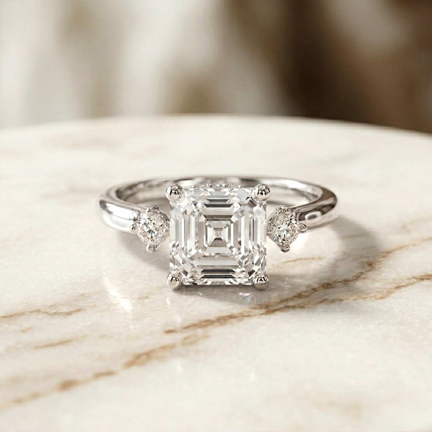 2.58Ct Moissanite Asscher Cut Three Stone Ring