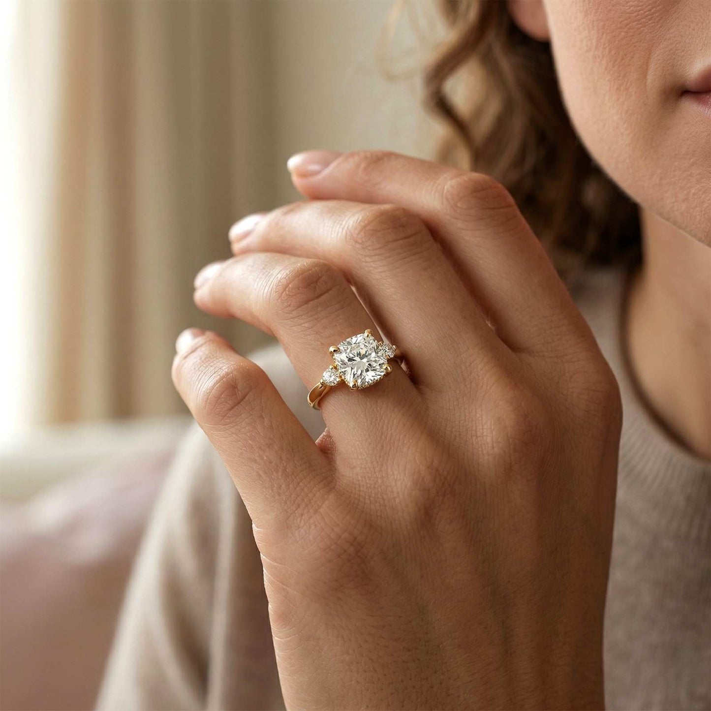 2.58Ct Moissanite Cushion Cut Three Stone Ring