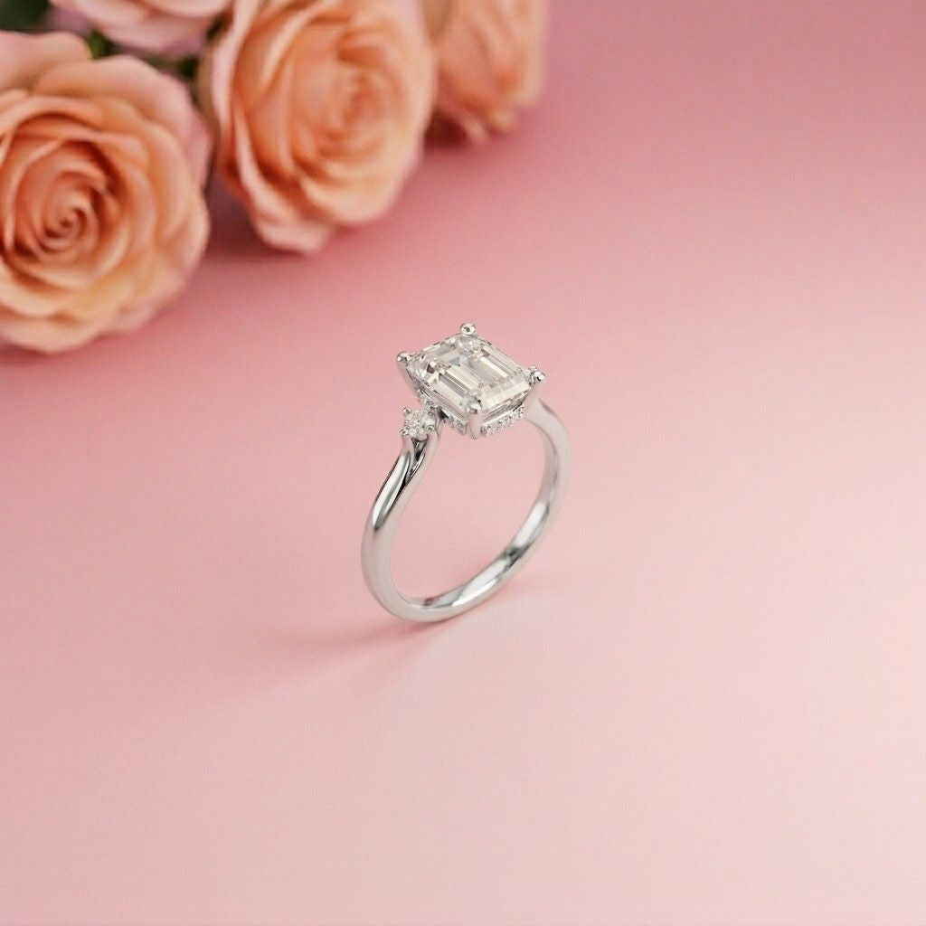 2.23Ct Moissanite Emerald Cut Three Stone Ring