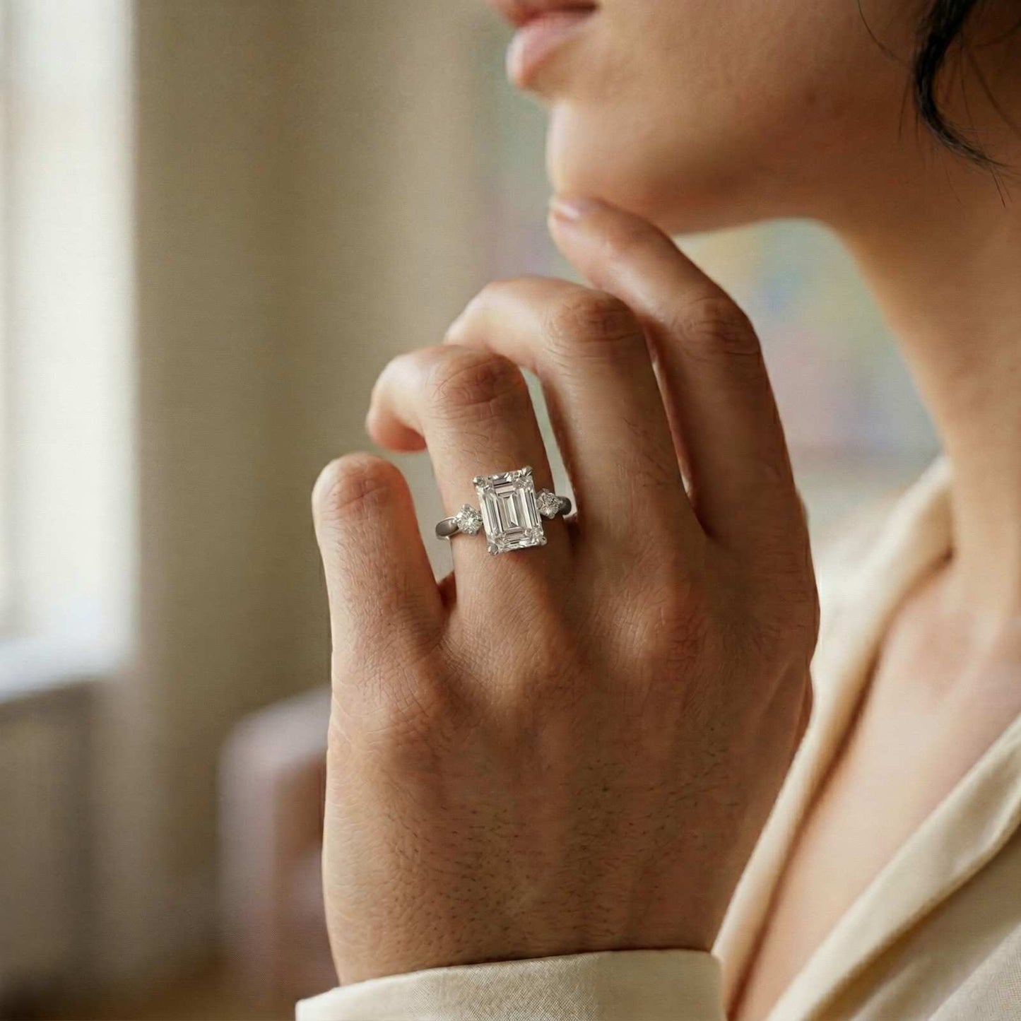2.23Ct Moissanite Emerald Cut Three Stone Ring