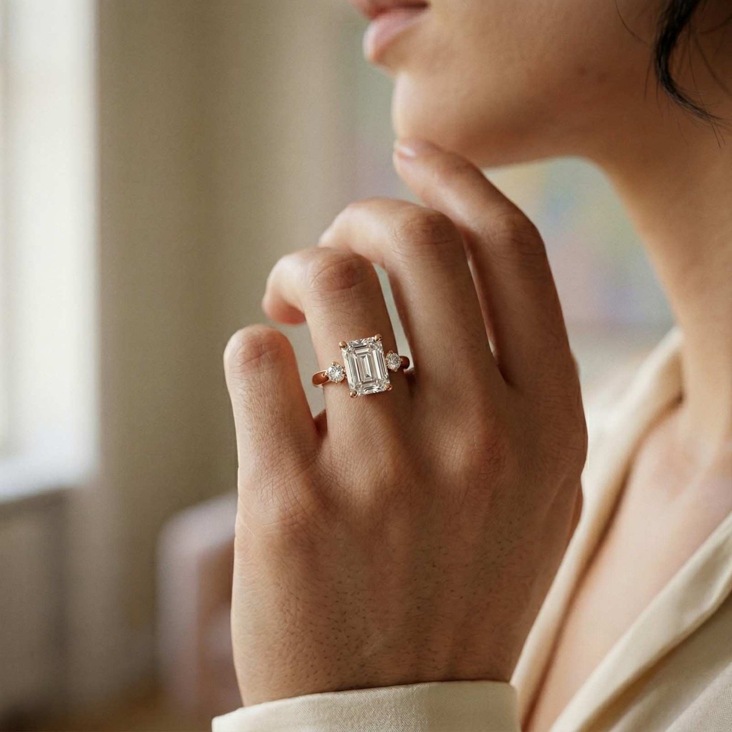 2.23Ct Moissanite Emerald Cut Three Stone Ring