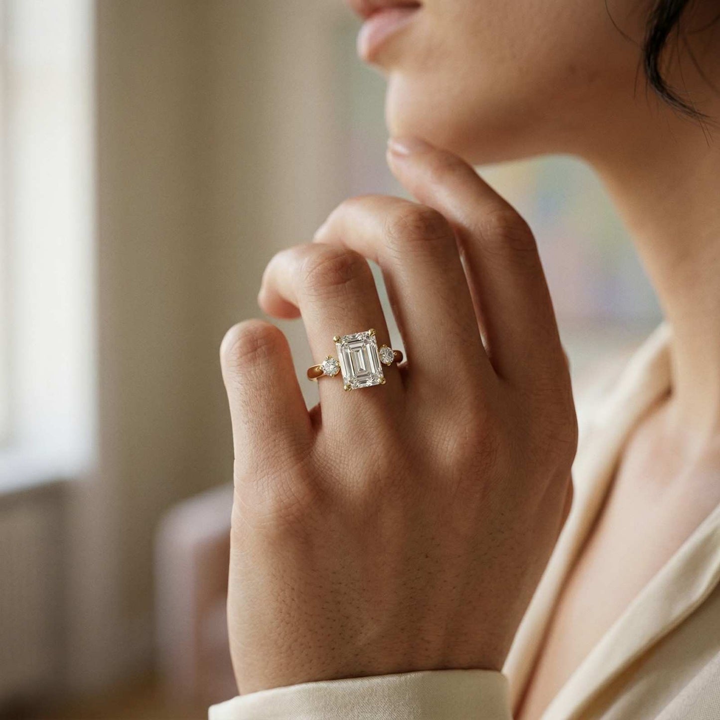 2.23Ct Moissanite Emerald Cut Three Stone Ring
