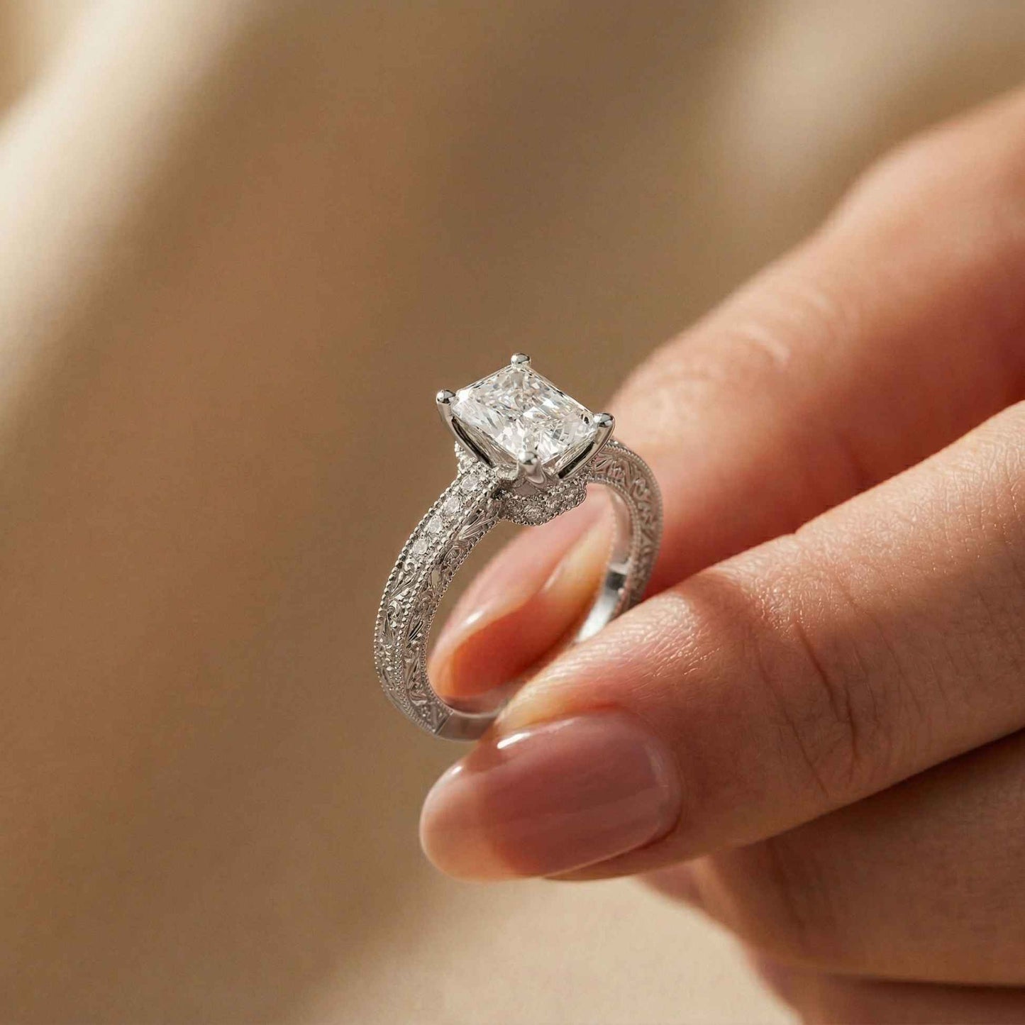 2.19Ct Moissanite Vintage Radiant Cut Milgrain Ring