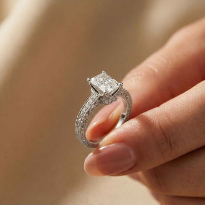 2.19Ct Moissanite Vintage Radiant Cut Milgrain Ring
