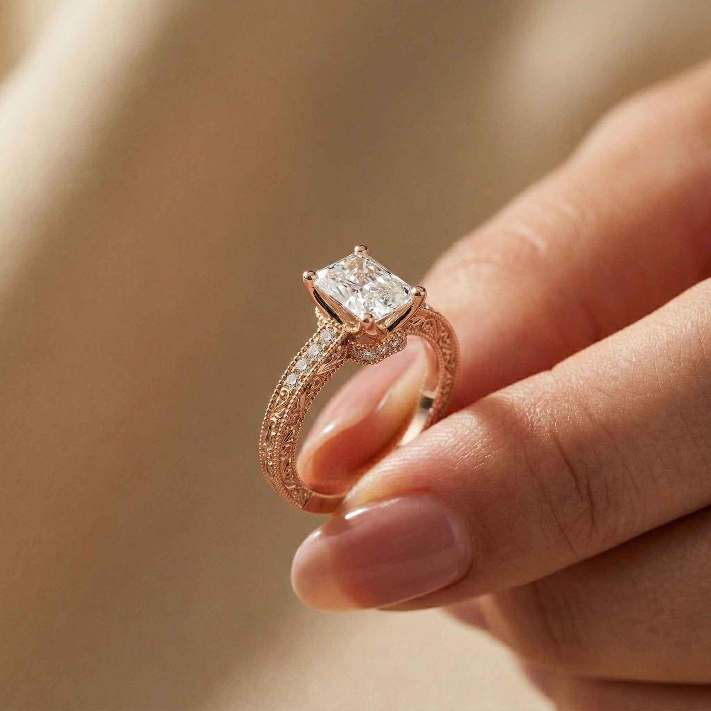2.19Ct Moissanite Vintage Radiant Cut Milgrain Ring