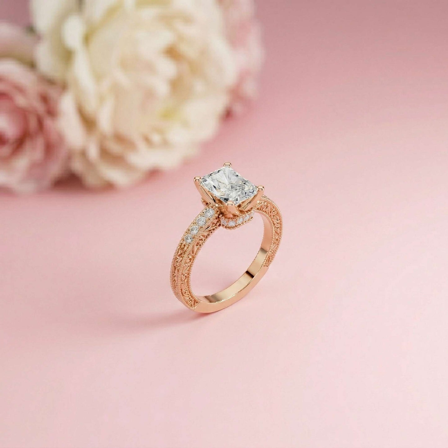 2.19Ct Moissanite Vintage Radiant Cut Milgrain Ring