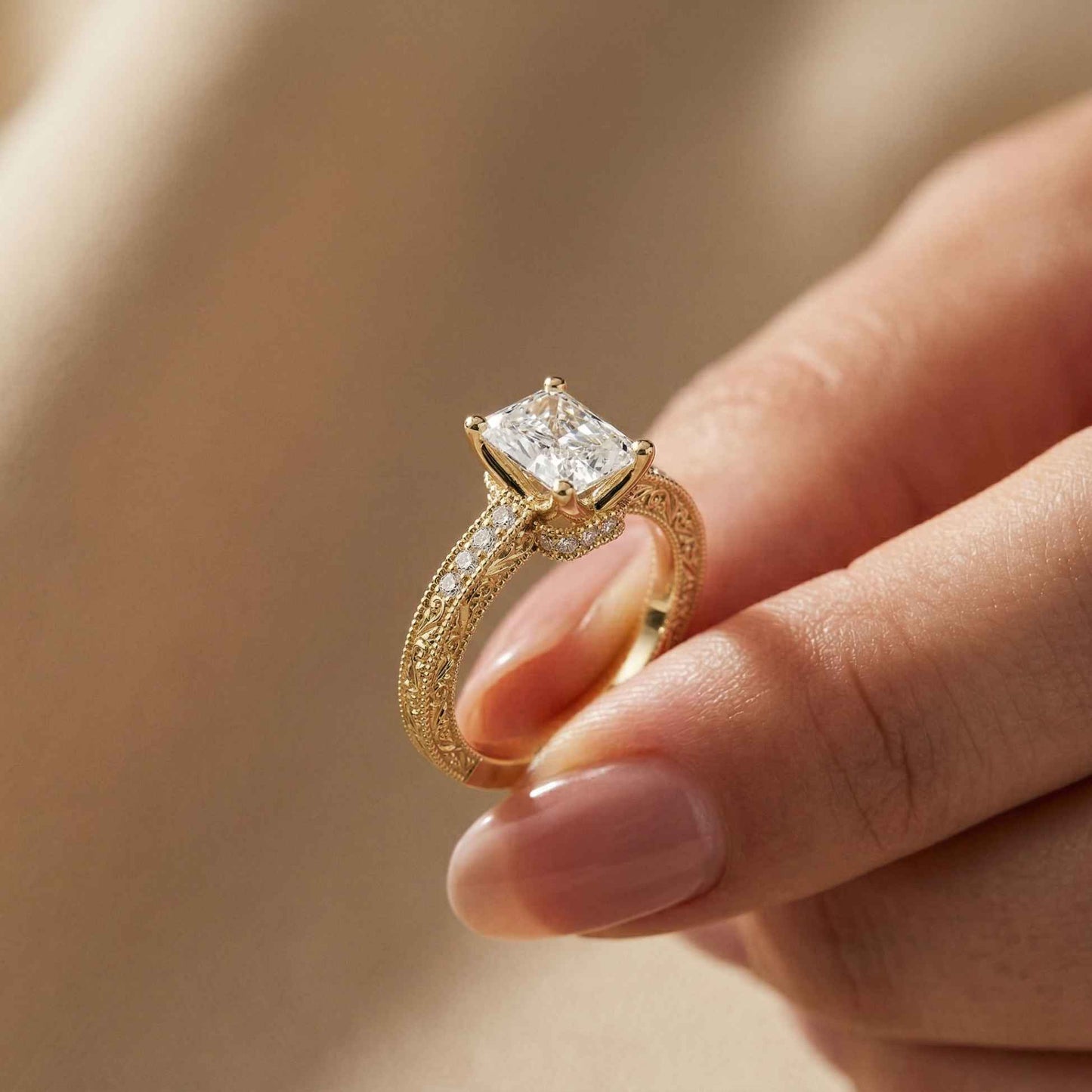 2.19Ct Moissanite Vintage Radiant Cut Milgrain Ring