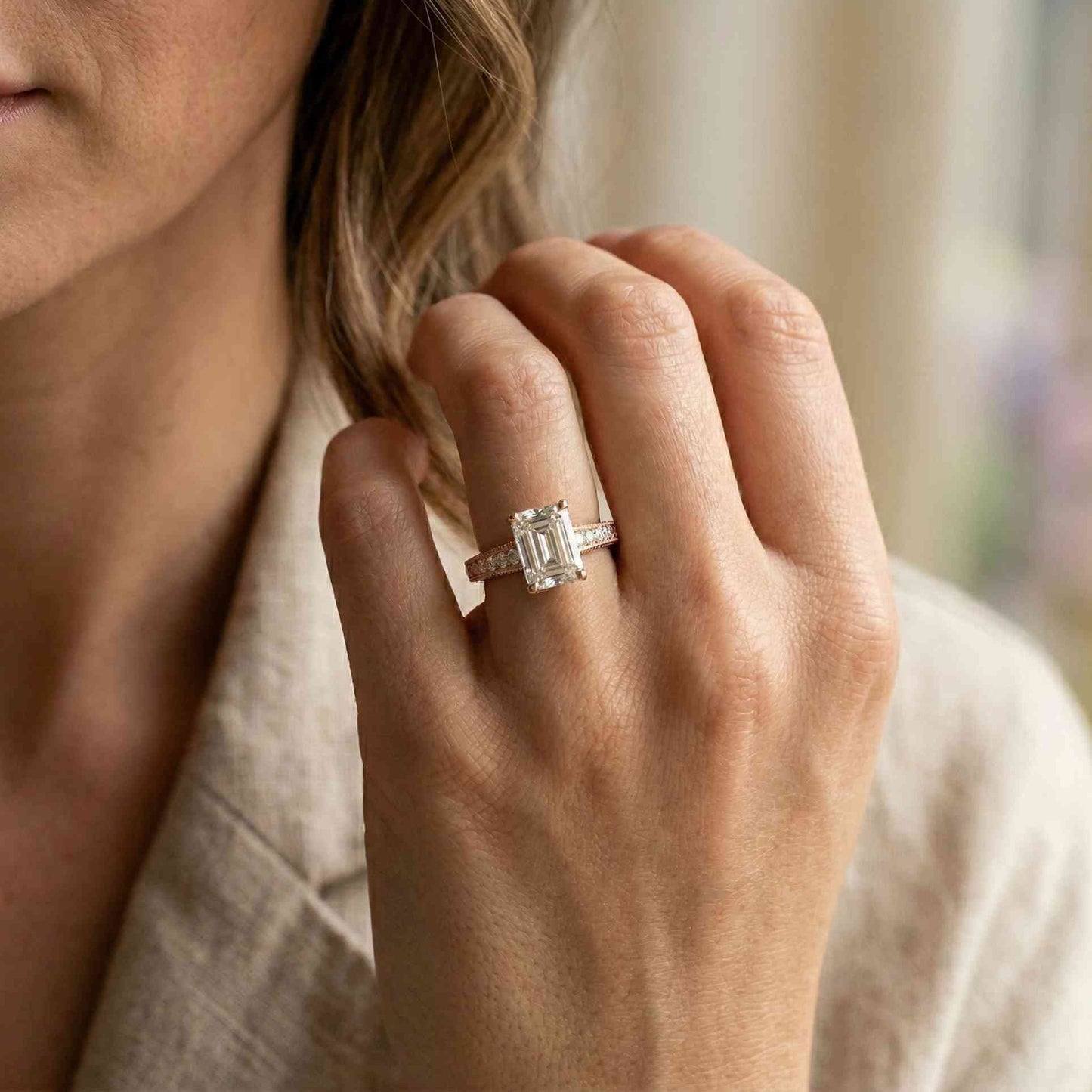 2.29Ct Moissanite Emerald Cut Vintage Pavé Ring