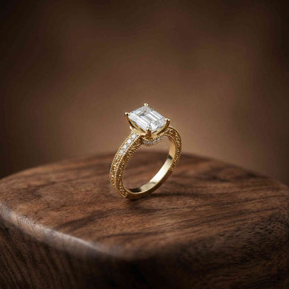 2.29Ct Moissanite Emerald Cut Vintage Pavé Ring