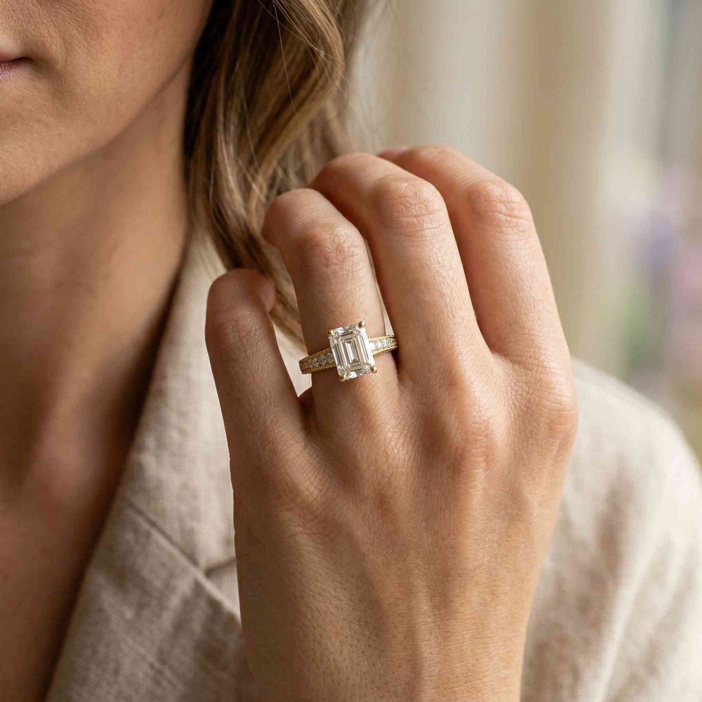 2.29Ct Moissanite Emerald Cut Vintage Pavé Ring