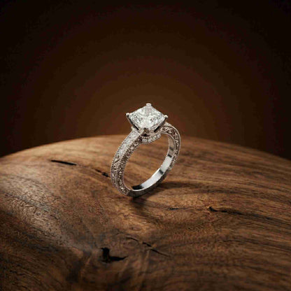 1.97Ct Moissanite Vintage Milgrain Emerald-Cut Halo Ring