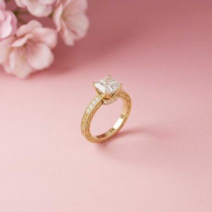 1.97Ct Moissanite Vintage Milgrain Emerald-Cut Halo Ring
