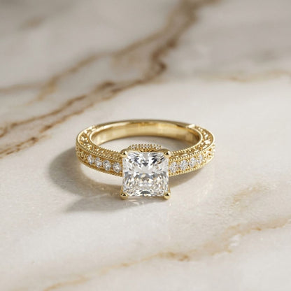 1.97Ct Moissanite Vintage Milgrain Emerald-Cut Halo Ring
