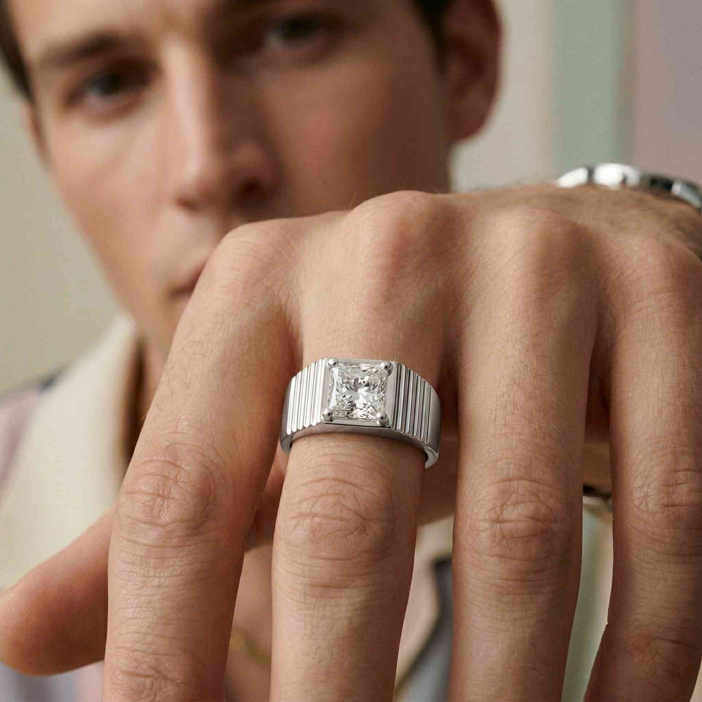 0.78Ct Moissanite Princess Textured Ring For Men's