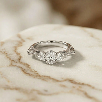 1Ct Moissanite Oval Cut Three-Stone Vintage Ring