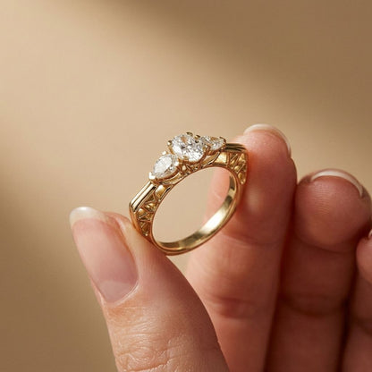 1Ct Moissanite Oval Cut Three-Stone Vintage Ring