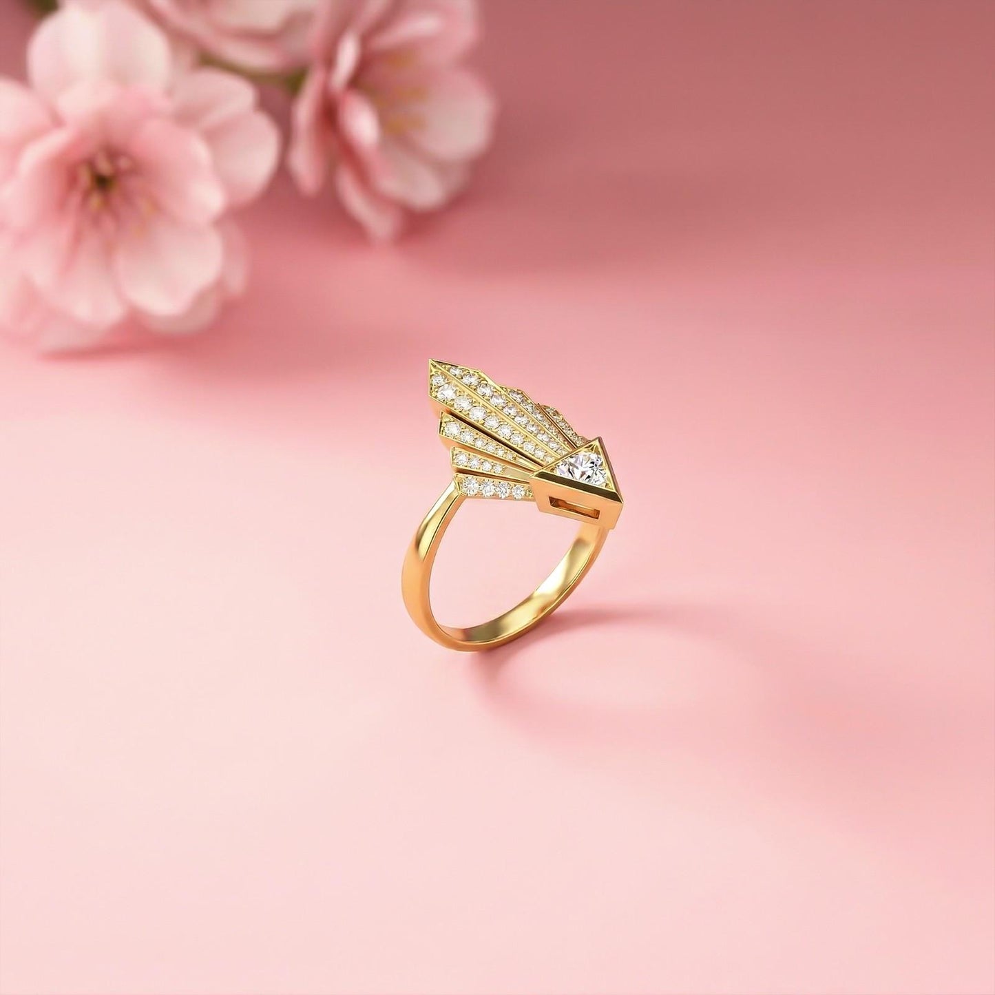 0.57Ct Moissanite Geometric Fan Gold Ring